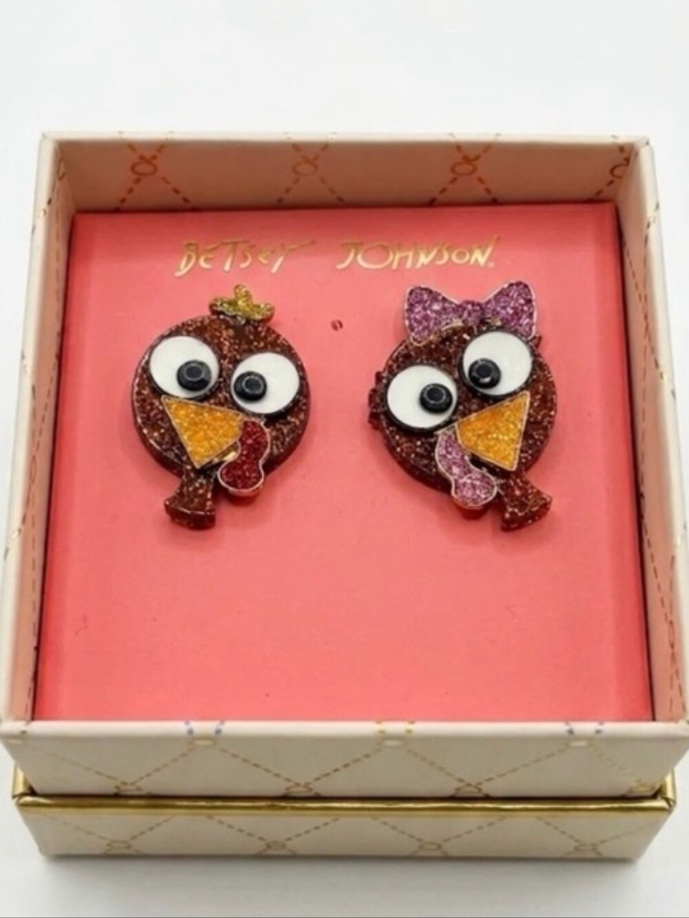 🦃▪️Betsey Johnson▪️ Brown Glitter turkey Stud Earrings with Beak